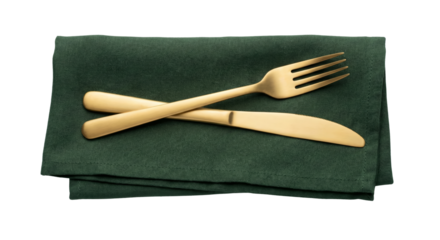 Elegant Gold Flatware Laid on Dark Green Linen Napkin, Isolated on White Background