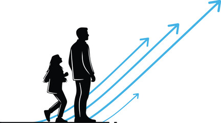 Fototapeta premium Silhouette of father and child looking towards ascending business growth arrows