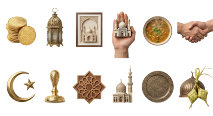 Islamic Symbols, Ramadan Decorations, and Cultural Elements Collage