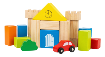Wooden Toy Castle with Blocks and Toy Car - Childhood Play and Imagination