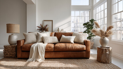 Comfortable couch with several soft stylish cushions standing in center of living room. Living room with sofa, pillows, blanket in Scandinavian style. Cozy home atmosphere, modern interior design.