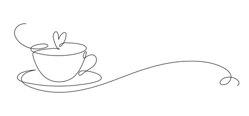 Cup of tea, or coffee with heart. Continuous line drawing. Frame border.