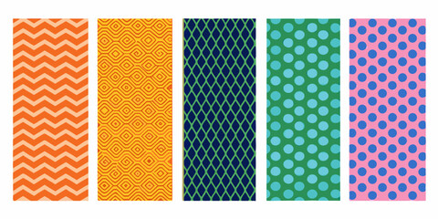 A colorful arrangement of patterned rectangular swatches in various designs