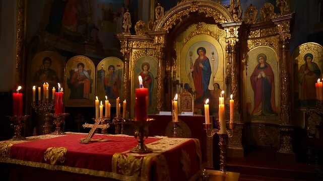 Interior of an Orthodox church with burning candles on an altar. Golden iconostasis with religious icons in a sacred space. Faith and spirituality concept