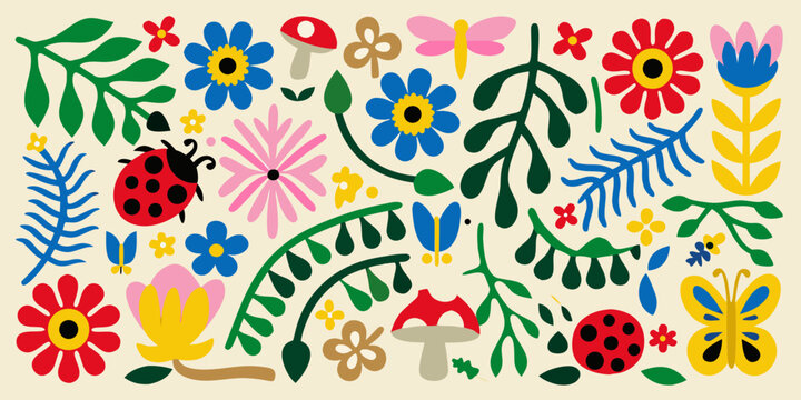 A charming collection of colorful flowers insects and whimsical botanical illustrations