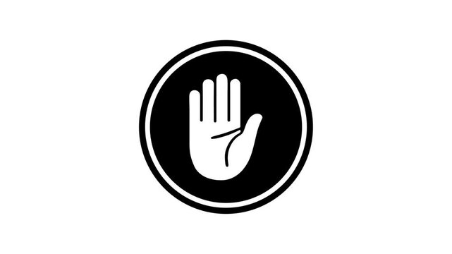 Professional stop hand icon animation on a white background featuring a black circular warning sign for safety alerts security disclaimers and restricted access videos.
