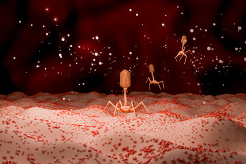 3D Rendering of Bacteriophage Virus on Bacterial Cell
