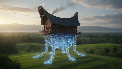 A fairy tale princess wanders through an ancient Japanese palace garden where a traditional tower and oriental pavilion create a historic landmark under the sky