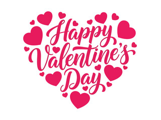 Happy Valentine’s Day script lettering inside a heart frame with pink hearts, romantic vector illustration ideal for greeting cards, social media posts, invitations, and love promotions