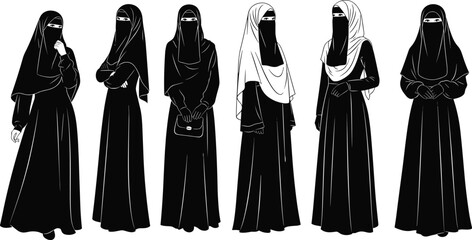 Niqab women silhouettes, Islamic modest fashion, traditional attire, cultural clothing, black abaya styles, religious identity, cad drawing flat vector illustration