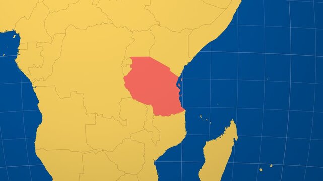 Tanzania on Globe. Animated zoom into the country in Ocean Blue Golden Yellow color palette. Tanzania logo animation. Map with meridians, parallels. Artistic video.