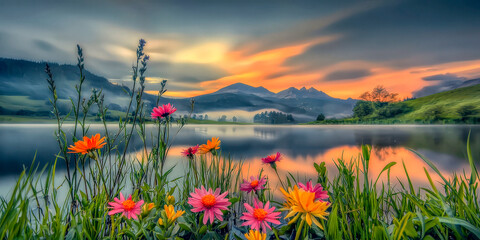 Spring landscape,lake and flowers