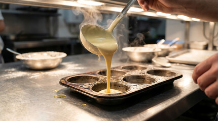 Hand pouring golden batter into a baking muffin tin, preparing sweet homemade treats for delicious baking.