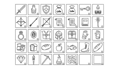 Collection of RPG Game Item Icons in Grid Layout.