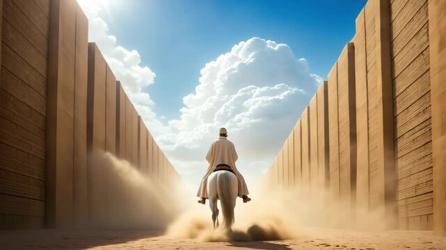 A lone rider on a white horse journeys through a passage between massive ancient walls. Epic cinematic animation of a desert adventure. Freedom and exploration concept