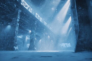 Snow falls inside an industrial space with beams of light shining through broken windows