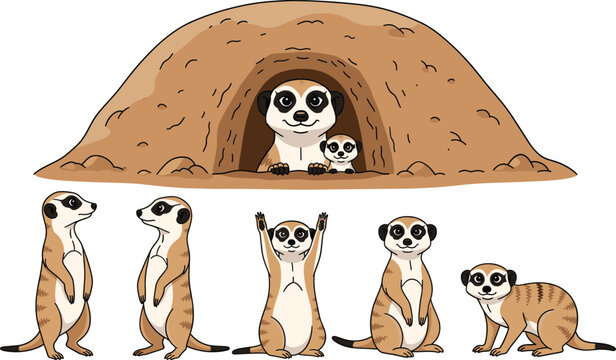 Meerkat family character set with burrow home standing sitting poses cute cartoon desert animal vector illustration