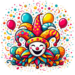 April Fool's Day, colorful clown hats with confetti and balloons, flat vector.