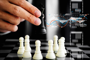Businessman making strategic move with chess king on board over financial stock market graph for investment planning and business growth success strategy finance data