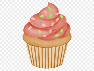 Watercolor pink frosting cupcake Christmas dessert illustration vector.