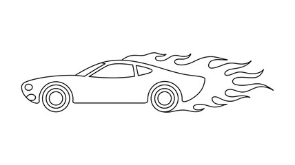 Naklejka premium Outline drawing of a fast sports car with flames showing dynamic motion and power