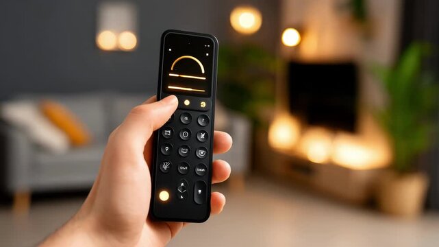 Medium shot of a modern living room showcasing automated dimmer controls adjusting warm light intensity for cozy ambiance.