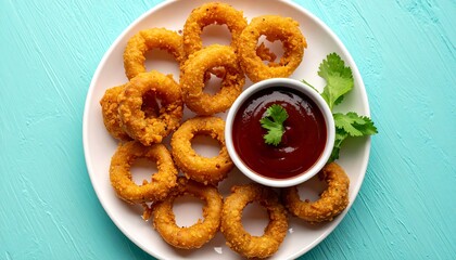 Golden Onion Rings with Dipping Sauce on a White Plate.