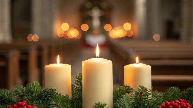 Three burning advent candles in a Christmas wreath. Festive decoration inside a church for a holiday service. Faith and spiritual celebration concept