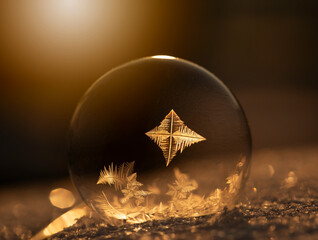 Zamrożona bańka mydlana, kryształy lodu w promieniach zachodzącego, zimowego słońca, tapeta. © mycatherina