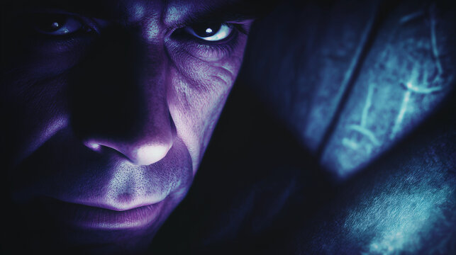 Dramatic, Intense scarry face Close-Up Portrait of a Man in Dark Low Key Light