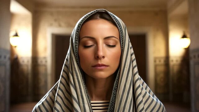 A close-up of a Jewish woman in a tallit with her eyes closed in prayer. Slow zoom on a face in deep meditation. Spirituality and faith concept