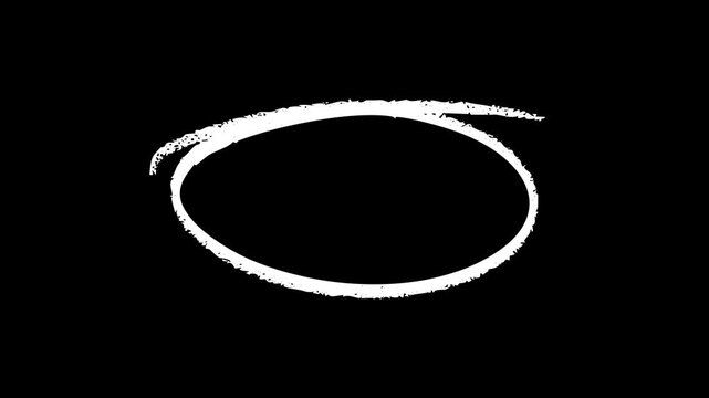Artistic white hand drawn marker oval animation on black background featuring a sketchy circle reveal for highlighting titles and creative cinematic transitions.
