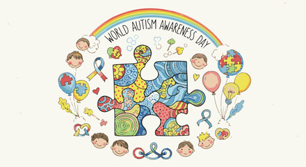World Autism Awareness Day Illustration with Puzzle Piece and Children