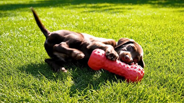 A hyperactive chocolate Labrador puppy playfully wrestling and chewing on a durable, brightly colored generic rubber toy while rolling on the lawn toy, adoption, cute
