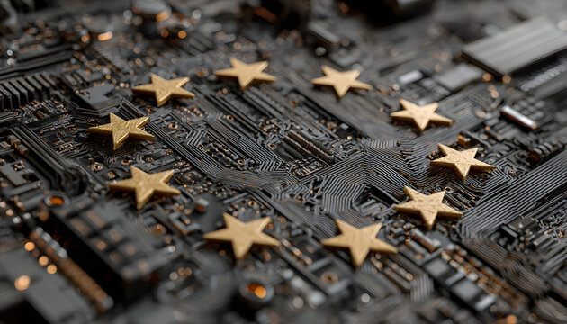 European Union map outlined on digital circuit board. Yellow stars of EU flag embedded, signifying unity and technological advancement. Global network security and data protection themes.
