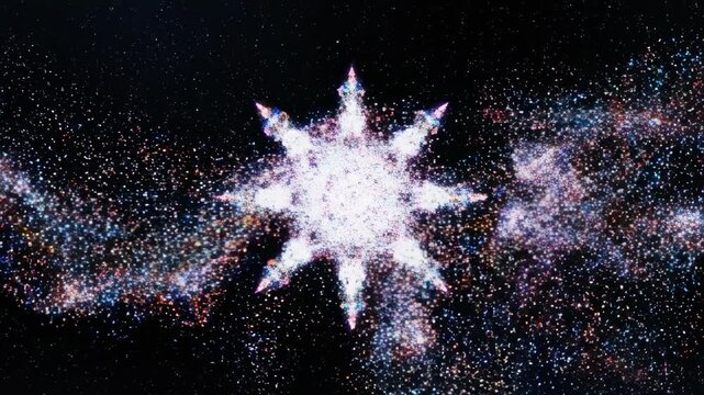 A massive swarm of hyper-vibrant colored particles forms a smooth flowing wave that dissolves and reforms into intricate geometric patterns across a dark void network, energy flow, swarm