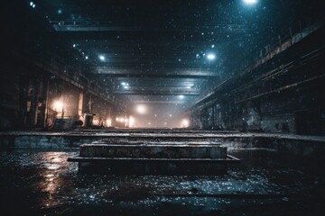 Lighting and shadows in an abandoned warehouse with water on the floor and dust particles in the air at night