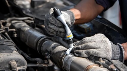 Technician applying sealant to fix a cracked exhaust manifold ensuring a secure bond and preventing harmful gas leaks during vehicle operation.