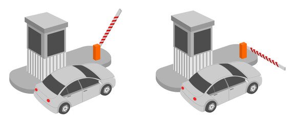 car passing boom barrier open and close, vector illustration isolated on white background.