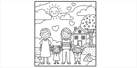 A family of four and their dog enjoying a rainy day outside their house