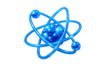 Blue atomic structure showing electrons orbiting nucleus in chemistry, science, and physics concept