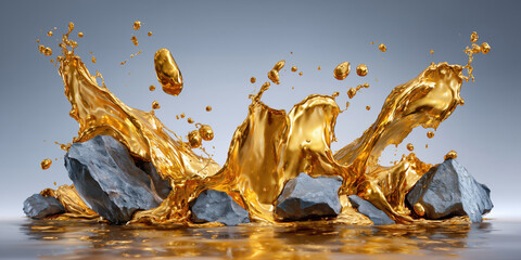 Liquid gold splashing over and around rocks