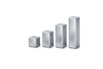 Increasing 3d bar graph representing rising business profits, market data, and financial performance with a polished silver finish