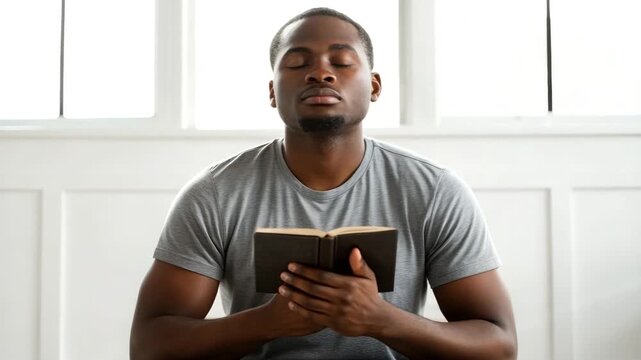 Devout African American man praying with eyes closed. A faithful person holding a Bible in a moment of spiritual reflection. Christian faith and worship concept