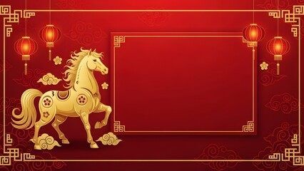 Prosperous Golden Horse Chinese New Year Zodiac Celebration Frame with Festive Lanterns and Clouds