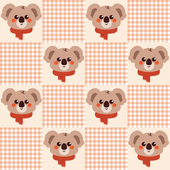 cute koala with red scarf cartoon drawing in patchwork style pattern