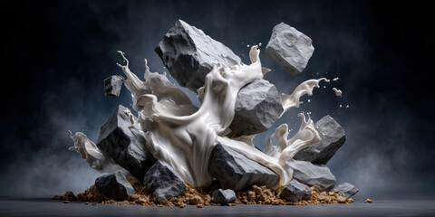 Crashing rocks with splashing white liquid explosion