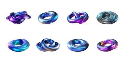 Collection of iridescent abstract torus shapes and swirling metallic forms rendered in vibrant blue and purple on transparent background