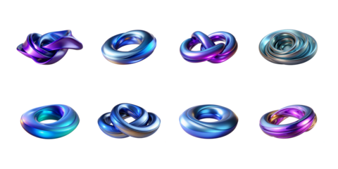 Collection of iridescent abstract torus shapes and swirling metallic forms rendered in vibrant blue and purple on transparent background