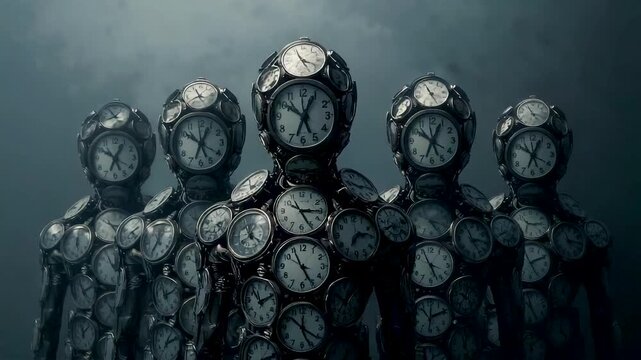 Group hooded figures clock face masks eerie fog dark mist standing row surreal horror mystery time distortion creepy atmosphere scene